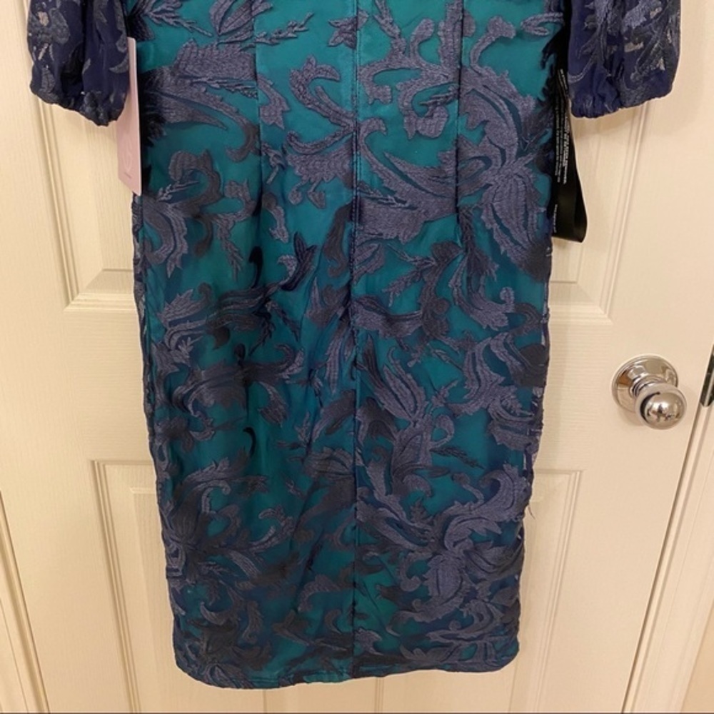 JS Collections Embroidered Sheath Dress in Navy Blue/Kelly Green - Picture 10 of 14